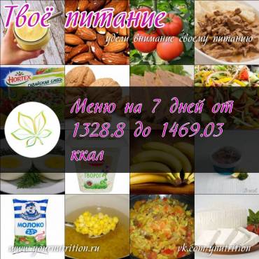 Меню на 7 дней от 1328.8 до 1469.03 ккал