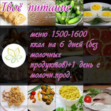 меню 1500-1600 ккал на 6 дней (без молочных продуктов)+1 день с молочн.прод.