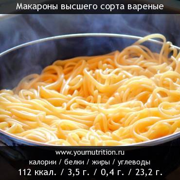 Макароны высшего сорта вареные: калорийность и содержание белков, жиров, углеводов