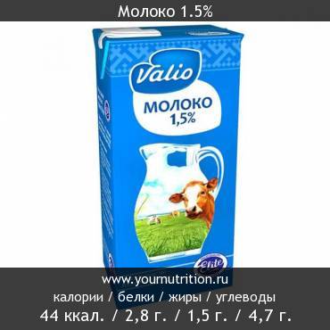 Молоко 1.5%: калорийность и содержание белков, жиров, углеводов Молоко 1.5%: калорийность и содержание белков, жиров, углеводов