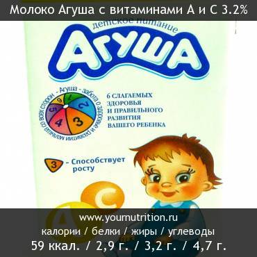 Молоко Агуша с витаминами А и С 3.2%: калорийность и содержание белков, жиров, углеводов