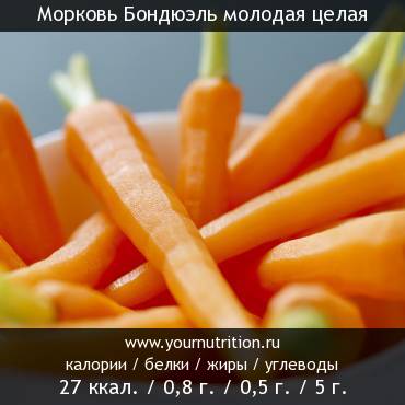 Морковь Бондюэль молодая целая: калорийность и содержание белков, жиров, углеводов