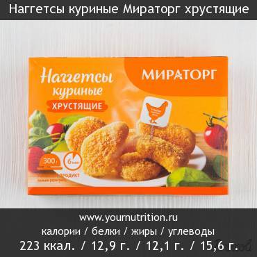 Наггетсы куриные Мираторг хрустящие: калорийность и содержание белков, жиров, углеводов Наггетсы куриные Мираторг хрустящие: калорийность и содержание белков, жиров, углеводов