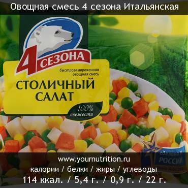 Овощная смесь 4 сезона Итальянская: калорийность и содержание белков, жиров, углеводов