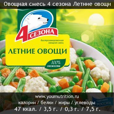 Овощная смесь 4 сезона Летние овощи: калорийность и содержание белков, жиров, углеводов