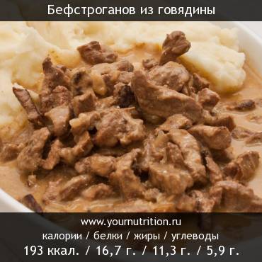 Бефстроганов из говядины: калорийность и содержание белков, жиров, углеводов