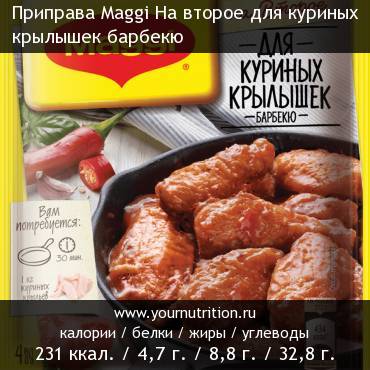 Приправа Maggi На второе для куриных крылышек барбекю: калорийность и содержание белков, жиров, углеводов