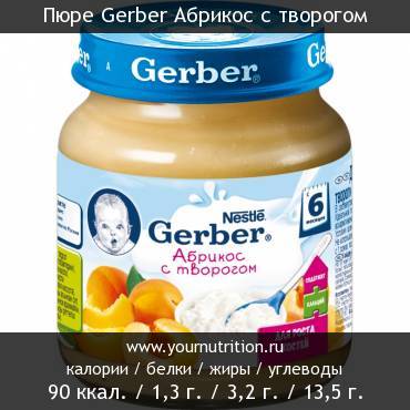 Пюре Gerber Абрикос с творогом: калорийность и содержание белков, жиров, углеводов