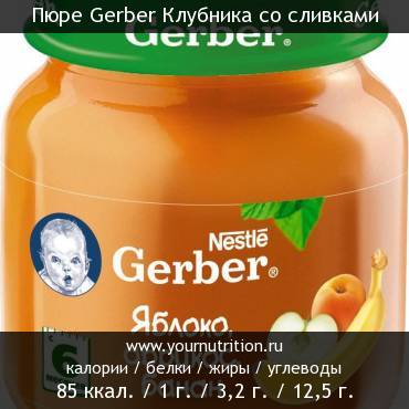 Пюре Gerber Клубника со сливками: калорийность и содержание белков, жиров, углеводов