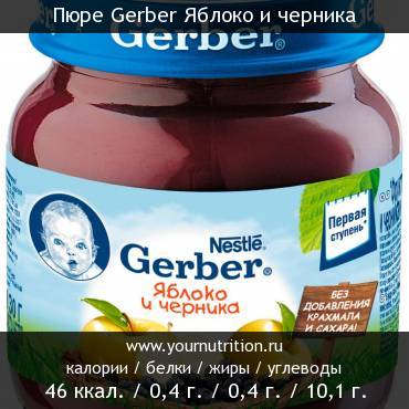 Пюре Gerber Яблоко и черника: калорийность и содержание белков, жиров, углеводов