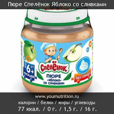 Пюре Спелёнок Яблоко со сливками: калорийность и содержание белков, жиров, углеводов