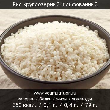 Рис круглозерный шлифованный: калорийность и содержание белков, жиров, углеводов