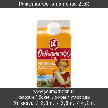 Ряженка Останкинская 2.5%: калорийность и содержание белков, жиров, углеводов