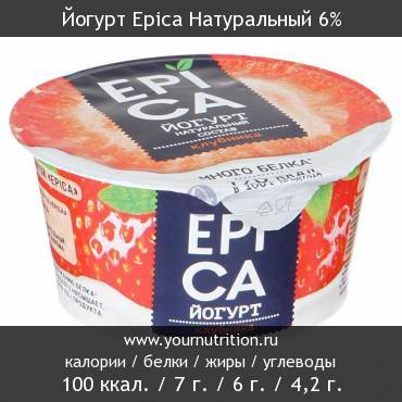 Йогурт Epica Натуральный 6%: калорийность и содержание белков, жиров, углеводов