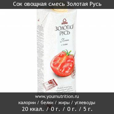 Сок овощная смесь Золотая Русь: калорийность и содержание белков, жиров, углеводов