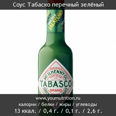 Соус Табаско перечный зелёный: калорийность и содержание белков, жиров, углеводов