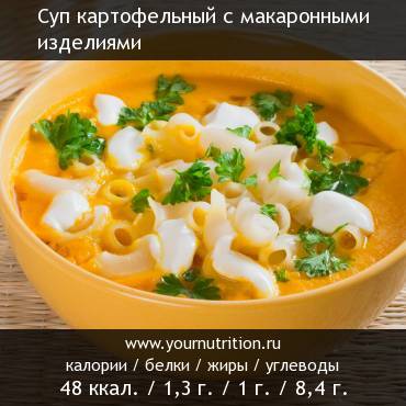 Суп картофельный с макаронными изделиями: калорийность и содержание белков, жиров, углеводов Суп картофельный с макаронными изделиями: калорийность и содержание белков, жиров, углеводов