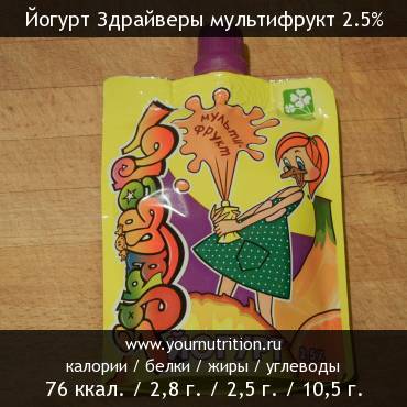 Йогурт Здрайверы мультифрукт 2.5%: калорийность и содержание белков, жиров, углеводов