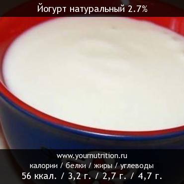 Йогурт натуральный 2.7%: калорийность и содержание белков, жиров, углеводов