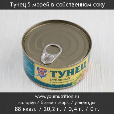 Тунец 5 морей в собственном соку: калорийность и содержание белков, жиров, углеводов