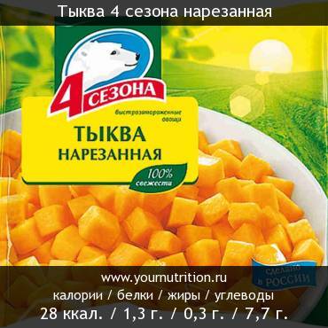 Тыква 4 сезона нарезанная: калорийность и содержание белков, жиров, углеводов