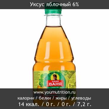 Уксус яблочный 6%: калорийность и содержание белков, жиров, углеводов