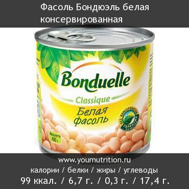 Фасоль Бондюэль белая консервированная: калорийность и содержание белков, жиров, углеводов
