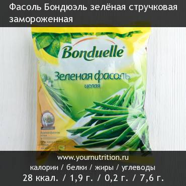 Фасоль Бондюэль зелёная стручковая замороженная: калорийность и содержание белков, жиров, углеводов