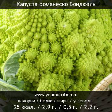 Капуста романеско Бондюэль: калорийность и содержание белков, жиров, углеводов