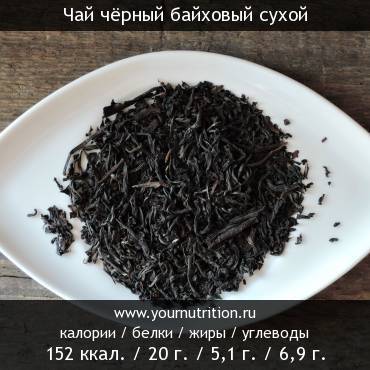 Чай чёрный байховый сухой: калорийность и содержание белков, жиров, углеводов