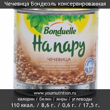 Чечевица Бондюэль консервированная: калорийность и содержание белков, жиров, углеводов