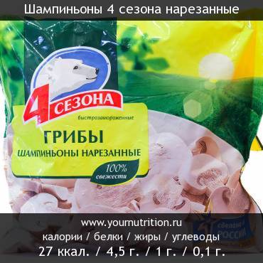 Шампиньоны 4 сезона нарезанные: калорийность и содержание белков, жиров, углеводов