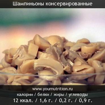 Шампиньоны консервированные: калорийность и содержание белков, жиров, углеводов