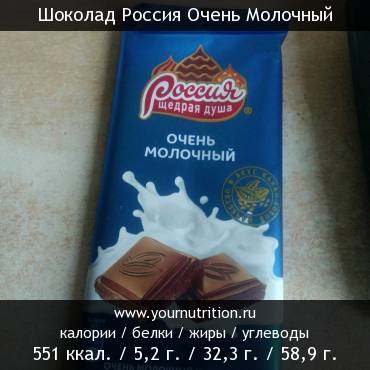 Шоколад Россия Очень Молочный: калорийность и содержание белков, жиров, углеводов