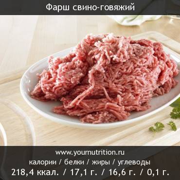 Фарш свино-говяжий: калорийность и содержание белков, жиров, углеводов Фарш свино-говяжий: калорийность и содержание белков, жиров, углеводов