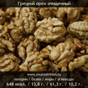 Грецкий орех очищенный: калорийность и содержание белков, жиров, углеводов