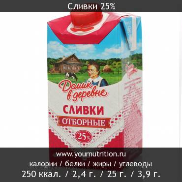 Cливки 25%: калорийность и содержание белков, жиров, углеводов