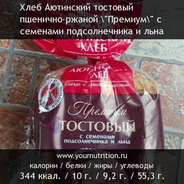 Хлеб Аютинский тостовый пшенично-ржаной : калорийность и содержание белков, жиров, углеводов