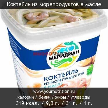 Коктейль из морепродуктов в масле: калорийность и содержание белков, жиров, углеводов