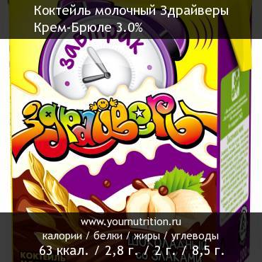 Коктейль молочный Здрайверы Крем-Брюле 3.0%: калорийность и содержание белков, жиров, углеводов