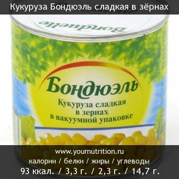 Кукуруза Бондюэль сладкая в зёрнах: калорийность и содержание белков, жиров, углеводов