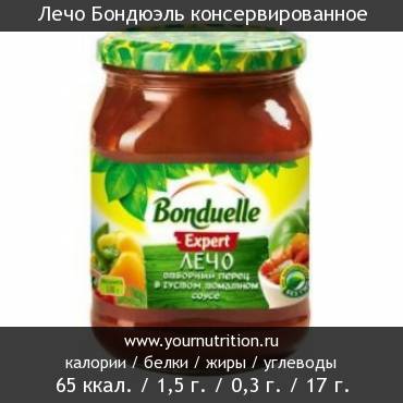 Лечо Бондюэль консервированное: калорийность и содержание белков, жиров, углеводов